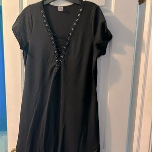 Black Lace-Up Front Tshirt Dress